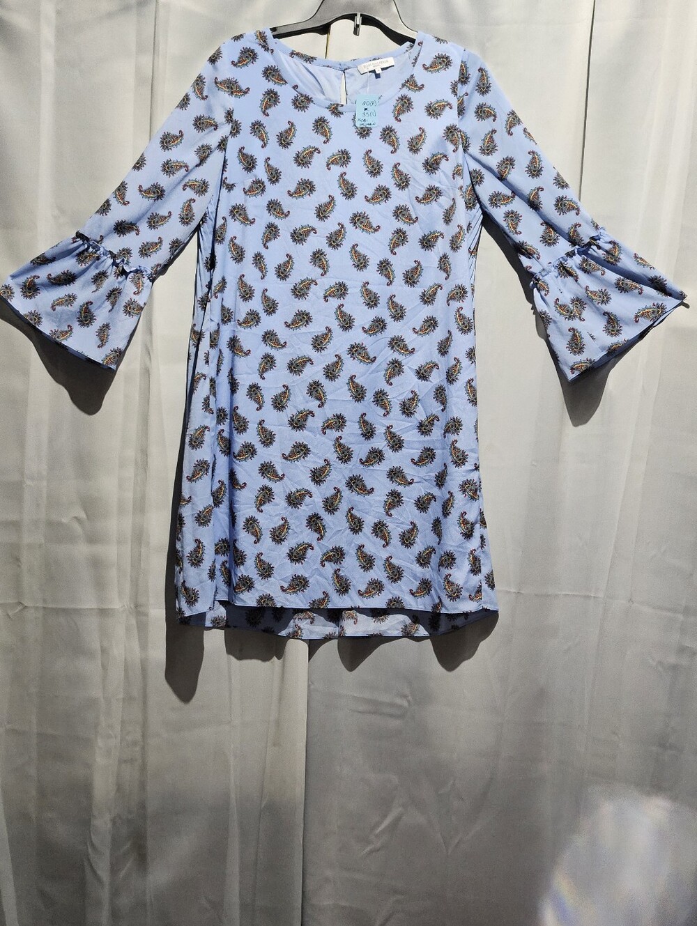 Kobi Halperin Y2K Light Blue Paisley Bell Sleeve Shift Dress With Matching Belt - Picture 3 of 5